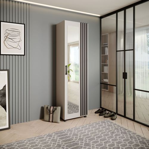 Armoire Livia Avec Porte Et Miroir Et Lattes, Cachemire + Noir