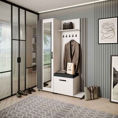 Livia Set De Vestiaire Avec Cintres Et Miroir 207 Cm, Blanc + Noir, Côté Droite