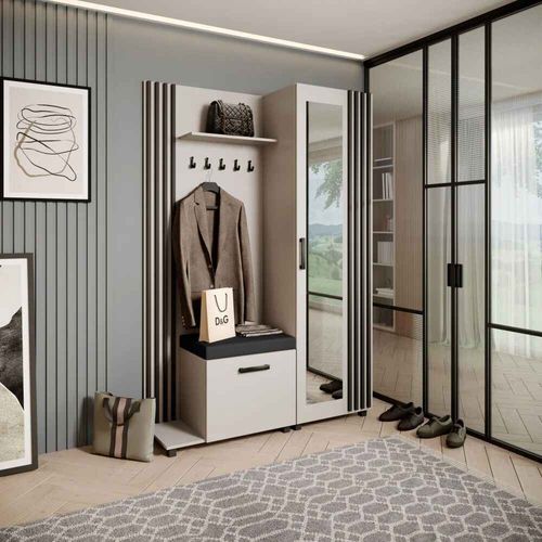 Livia Set De Vestiaire Avec Cintres Et Miroir 207 Cm, Cachemire + Noir, Côté Gauche