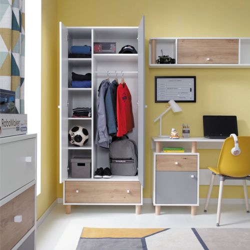 Armoire Figo 2 Portes, Façade Blanc/chêne Artisan/gris