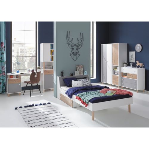 Armoire Figo 2 Portes, Façade Blanc/chêne Artisan/gris