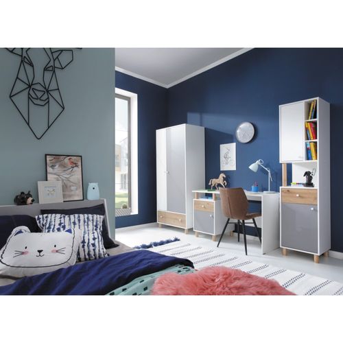 Armoire Figo 2 Portes, Façade Blanc/chêne Artisan/gris