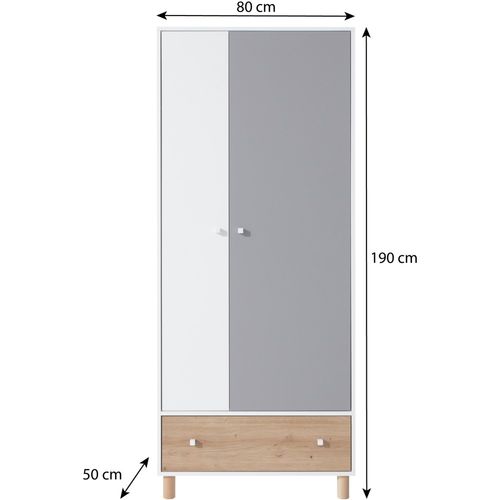 Armoire Figo 2 Portes, Façade Blanc/chêne Artisan/gris