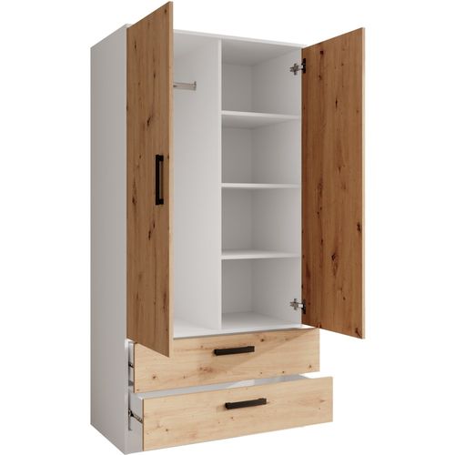 Armoire Trend 2 Portes 90 Cm Blanc + Chêne Artisan– 2 Tiroirs, Penderie, 5 Étagères