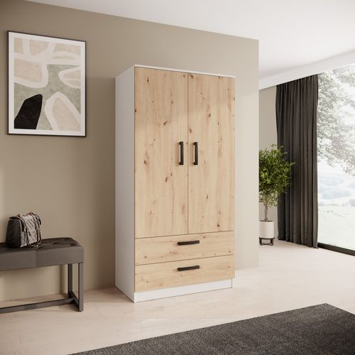 Armoire Trend 2 Portes 90 Cm Blanc + Chêne Artisan– 2 Tiroirs, Penderie, 5 Étagères