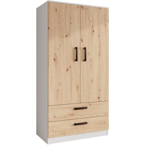 Armoire Trend 2 Portes 90 Cm Blanc + Chêne Artisan– 2 Tiroirs, Penderie, 5 Étagères