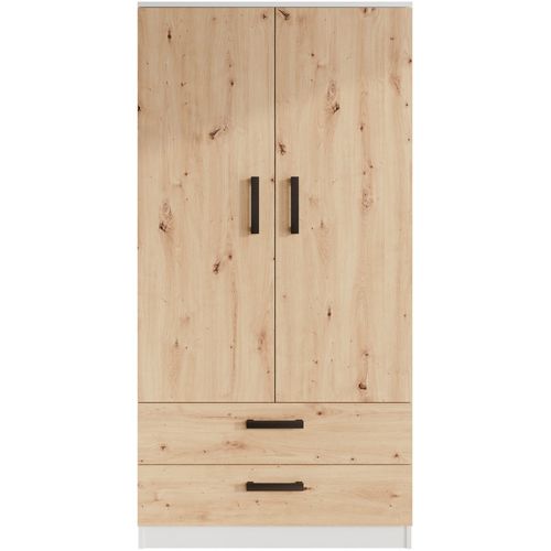 Armoire Trend 2 Portes 90 Cm Blanc + Chêne Artisan– 2 Tiroirs, Penderie, 5 Étagères