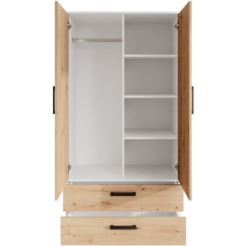 Armoire Trend 2 Portes 90 Cm Blanc + Chêne Artisan– 2 Tiroirs, Penderie, 5 Étagères