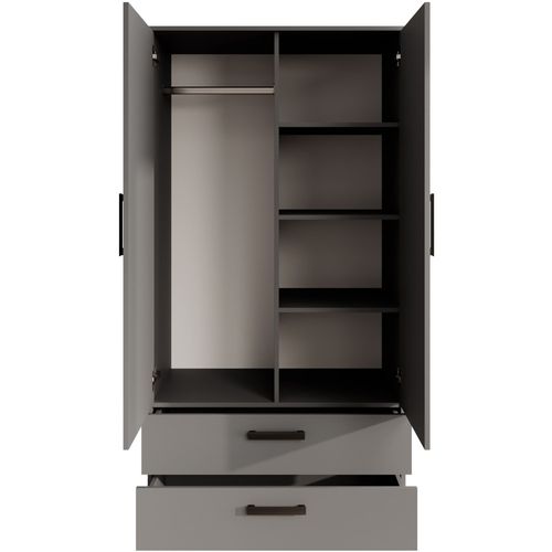 Armoire Trend 2 Portes 90 Cm Graphite  – 2 Tiroirs, Penderie, 5 Étagères