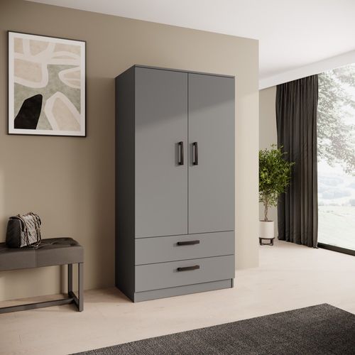 Armoire Trend 2 Portes 90 Cm Graphite  – 2 Tiroirs, Penderie, 5 Étagères