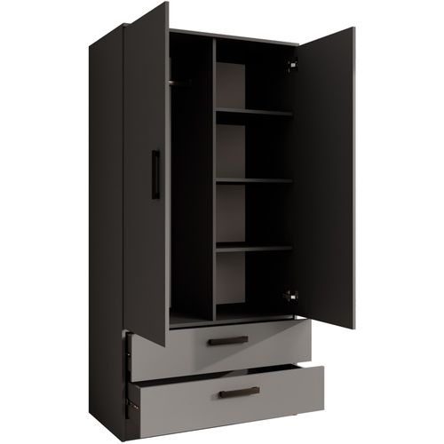 Armoire Trend 2 Portes 90 Cm Graphite  – 2 Tiroirs, Penderie, 5 Étagères