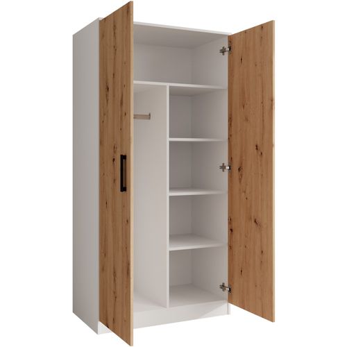 Armoire Trend 2 Portes 90 Cm Blanc + Chêne Artisan– Penderie, 5 Étagères