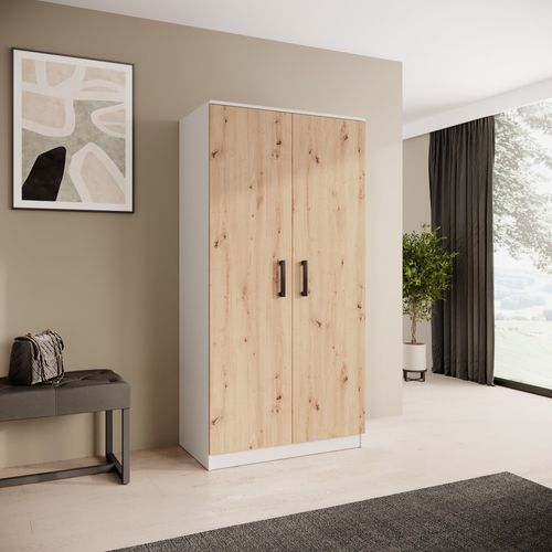 Armoire Trend 2 Portes 90 Cm Blanc + Chêne Artisan– Penderie, 5 Étagères