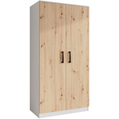 Armoire Trend 2 Portes 90 Cm Blanc + Chêne Artisan– Penderie, 5 Étagères