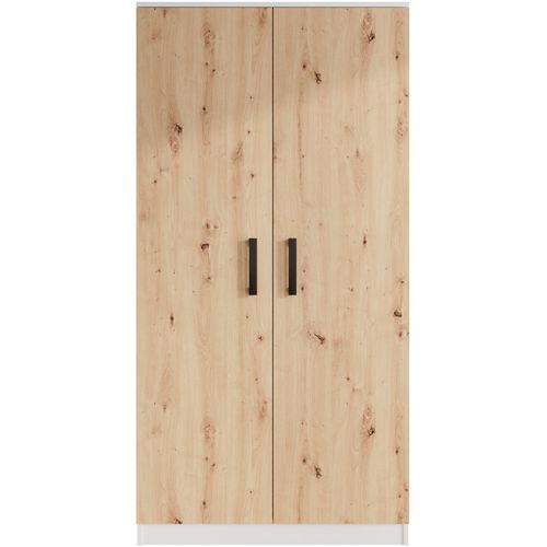 Armoire Trend 2 Portes 90 Cm Blanc + Chêne Artisan– Penderie, 5 Étagères