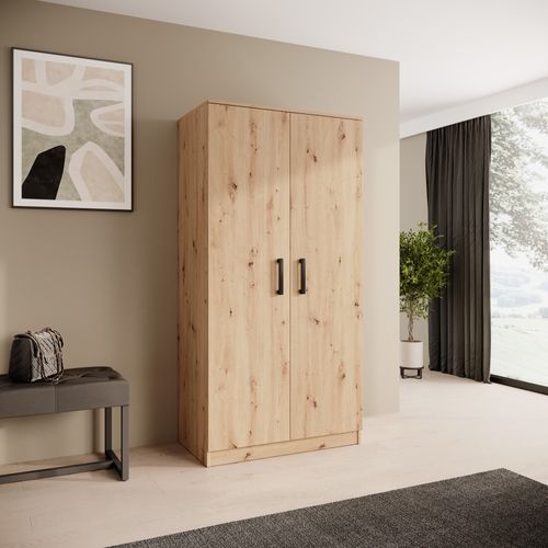 Armoire Trend 2 Portes 90 Cm Chêne Artisan– Penderie, 5 Étagères