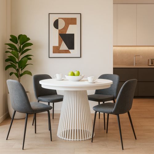 Table Ronde Lumi Ø 100–180 Cm Extensible, Pieds En Métal, Style Loft, Couleur : Blanc/blanc