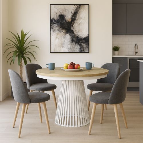 Table Ronde Lumi Ø 100–180 Cm Extensible, Pieds En Métal, Style Loft, Couleur : Blanc/chêne Artisan