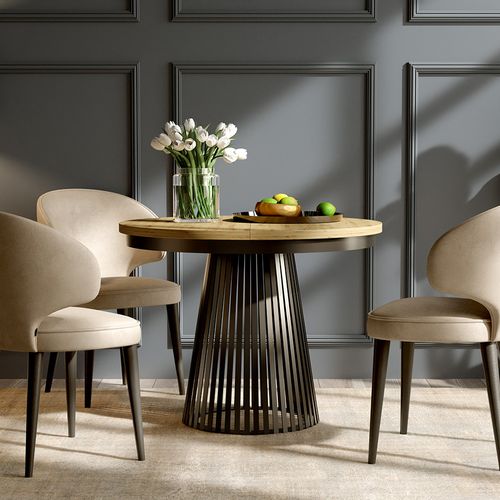 Table Ronde Lumi Ø 100–180 Cm Extensible, Pieds En Métal, Style Loft, Couleur : Noir/chêne Artisan