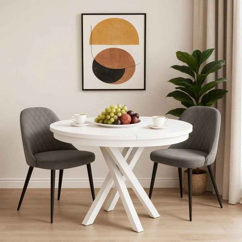 Table Ronde Kris Ø 100–140 Cm Extensible, Pieds En Métal, Style Loft, Coloris : Blanc/blanc