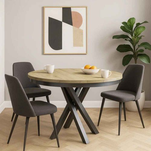 Table Ronde Kris Ø 100–140 Cm Extensible, Pieds En Métal, Style Loft, Couleur : Noir/chêne Artisan