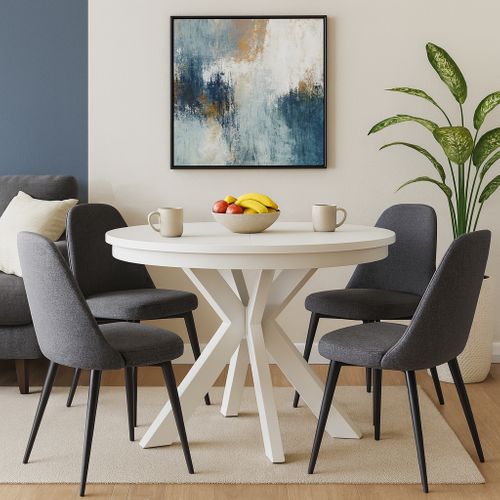 Table Ronde Bilbao Ø 100–180 Cm Extensible, Pieds En Métal, Style Loft, Couleur : Blanc/blanc