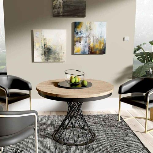 Table Ronde Laura Ø 100–140 Cm Extensible, Pieds En Métal, Style Loft, Couleur : Noir/chêne Artisan