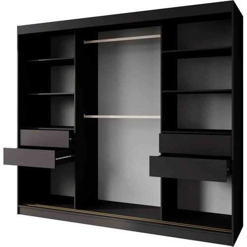 Armoire à Portes Coulissantes MARIKA LUX, 3 Portes, Avec Tiroirs, Noir+or, 240cm
