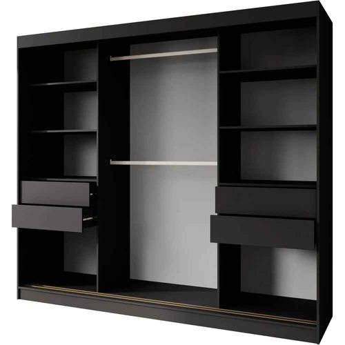 Armoire à Portes Coulissantes MARIKA LUX, 3 Portes, Avec Tiroirs, Noir+or, 240cm