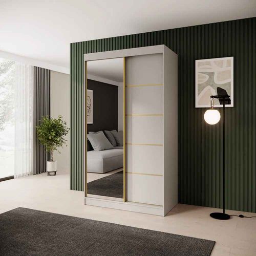 Armoire à Portes Coulissantes MARIKA LUX, 2 Portes, Avec Tiroirs, Cachemire+or, 120cm