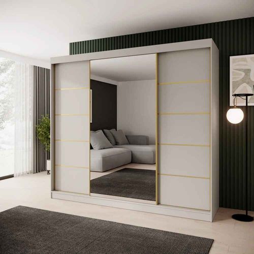 Armoire à Portes Coulissantes MARIKA LUX, 3 Portes, Avec Tiroirs, Cachemire+or, 240 Cm