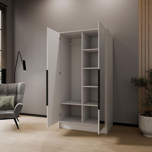 Armoire à Portes Battantes LARO 100 cm - Avec Miroir, Blanc Avec Poignées Noires