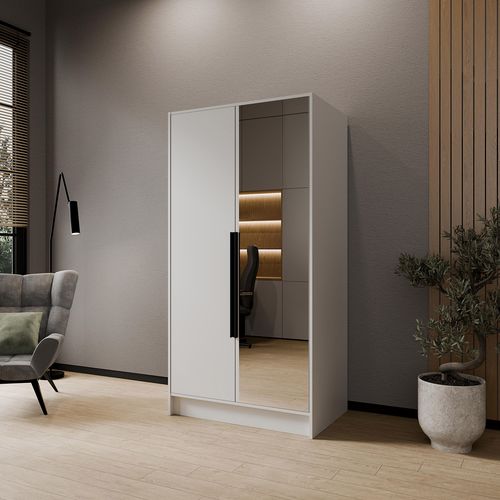 Armoire à Portes Battantes LARO 100 cm - Avec Miroir, Blanc Avec Poignées Noires