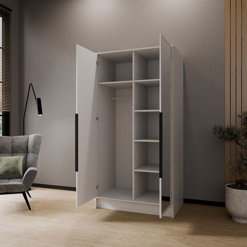 Armoire à Portes Battantes LARO 100 cm - Avec Miroir, Blanc Avec Poignées Noires