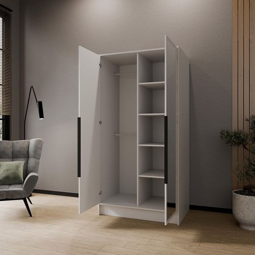 Armoire à Portes Battantes LARO 100 cm - Avec Miroir, Blanc Avec Poignées Noires