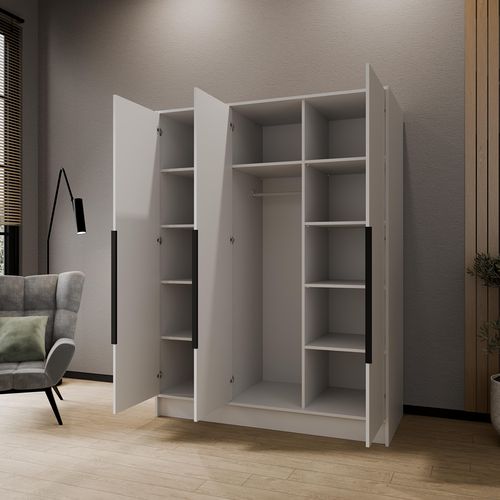 Armoire à Portes Battantes LARO 150 cm - Avec Miroir, Blanc Avec Poignées Noires