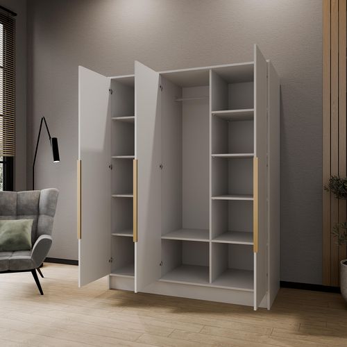 Armoire à Portes Battantes LARO 150 cm - Avec Miroir, Blanc Avec Poignées Dorées