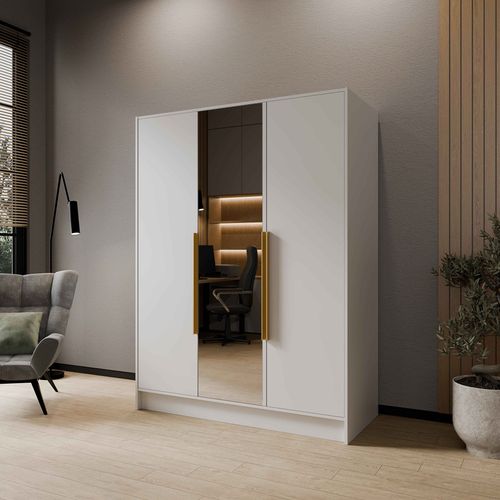 Armoire à Portes Battantes LARO 150 cm - Avec Miroir, Blanc Avec Poignées Dorées