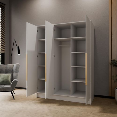 Armoire à Portes Battantes LARO 150 cm - Avec Miroir, Blanc Avec Poignées Dorées