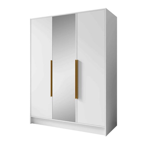 Armoire à Portes Battantes LARO 150 cm - Avec Miroir, Blanc Avec Poignées Dorées
