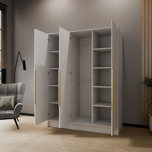Armoire à Portes Battantes LARO 150 cm - Avec Miroir, Blanc Avec Poignées Dorées