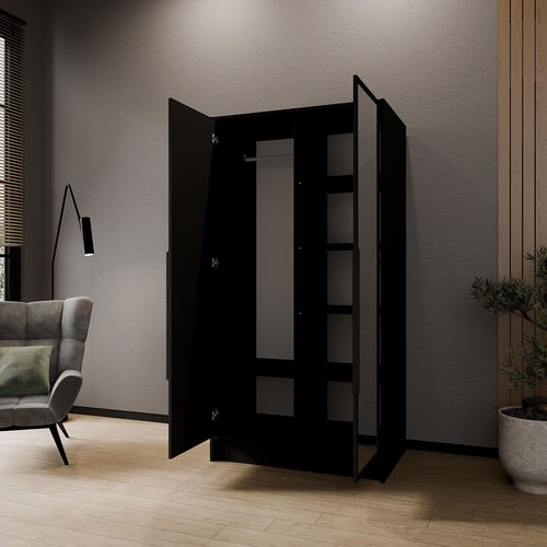 Armoire à Portes Battantes LARO 100 cm - Avec Miroir, Noir Avec Poignées Noires