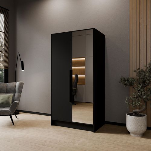 Armoire à Portes Battantes LARO 100 cm - Avec Miroir, Noir Avec Poignées Noires
