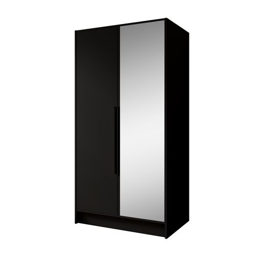 Armoire à Portes Battantes LARO 100 cm - Avec Miroir, Noir Avec Poignées Noires