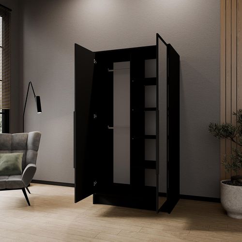 Armoire à Portes Battantes LARO 100 cm - Avec Miroir, Noir Avec Poignées Noires