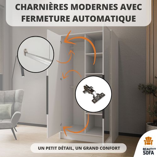 Armoire à Portes Battantes LARO 100 cm - Avec Miroir, Noir Avec Poignées Noires