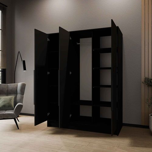 Armoire à Portes Battantes LARO 150 cm - Avec Miroir, Noir Avec Poignées Noires