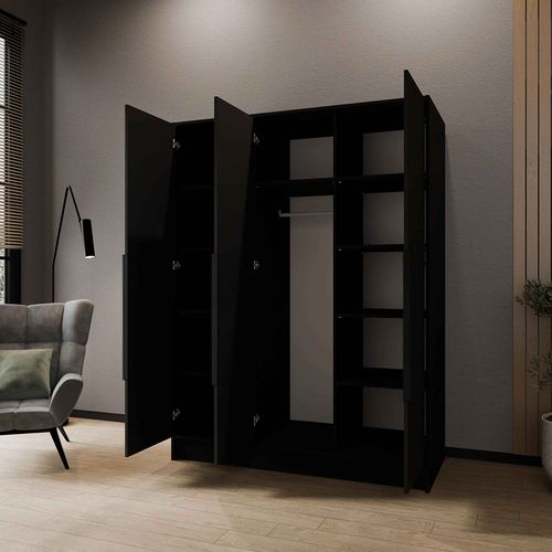 Armoire à Portes Battantes LARO 150 cm - Avec Miroir, Noir Avec Poignées Noires