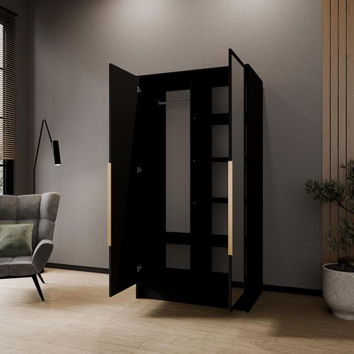 Armoire à Portes Battantes LARO 100 cm - Avec Miroir, Noir Avec Poignées Dorées