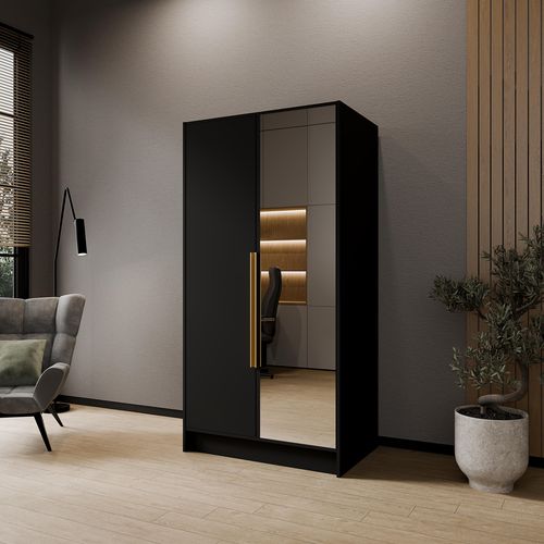 Armoire à Portes Battantes LARO 100 cm - Avec Miroir, Noir Avec Poignées Dorées